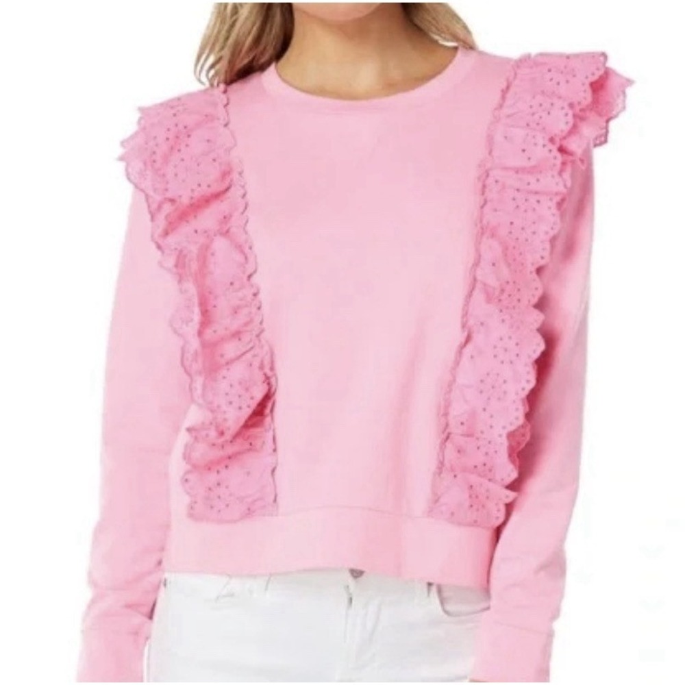 Lilly Pulitzer Barbie Pink Shandy Deva Sweatshirt Sz M Eyelet Ruffled Front